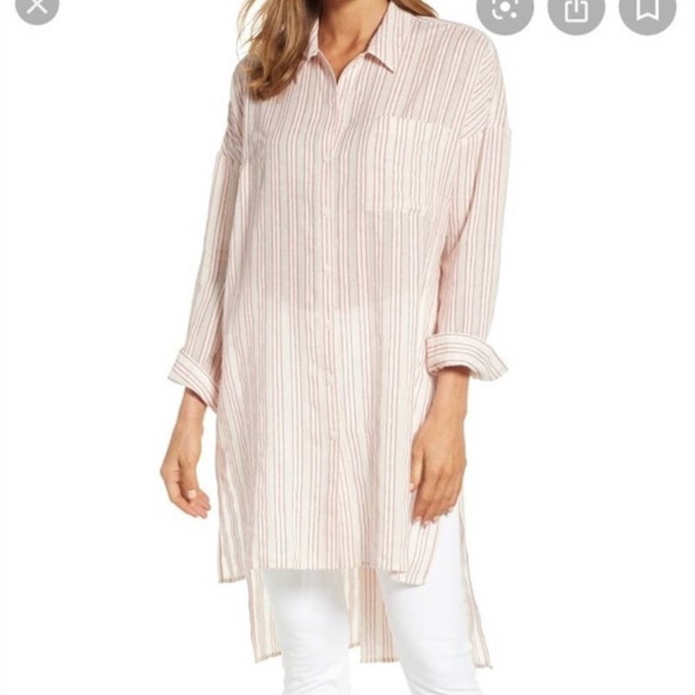 [Lou & Grey] LOFT Red Cream Striped Oversized Tunic Shirt Button Down Slit Sz XS